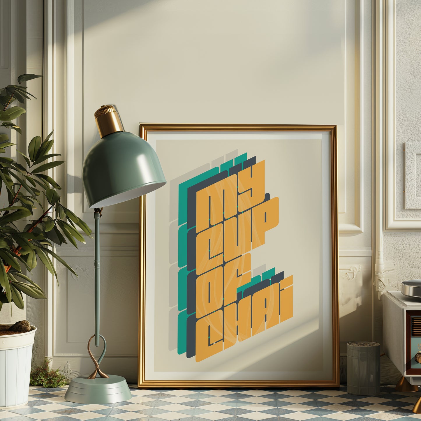 a picture of a poster on a wall next to a lamp