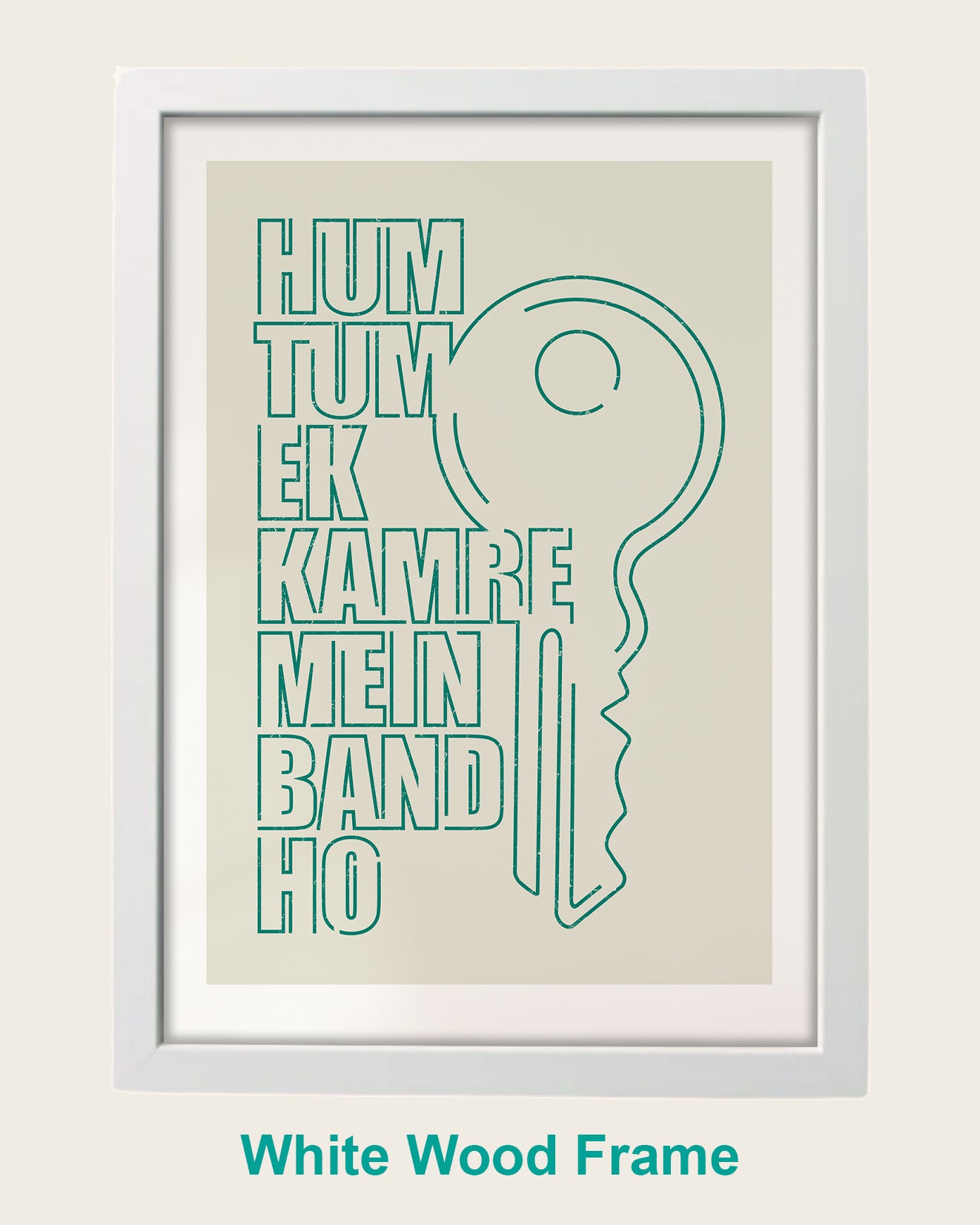 a white frame with a green print of a key