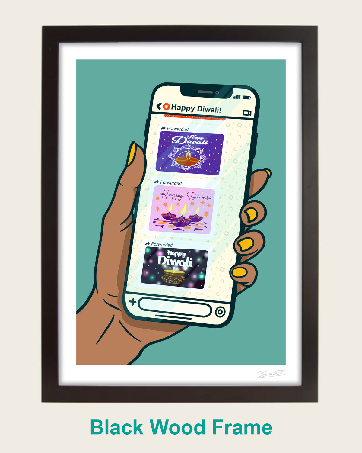 A framed art print featuring a stylized illustration of a hand holding a smartphone with Diwali-themed screens, shown in a black wood frame on a light beige background with the text 'Black Wood Frame' below.