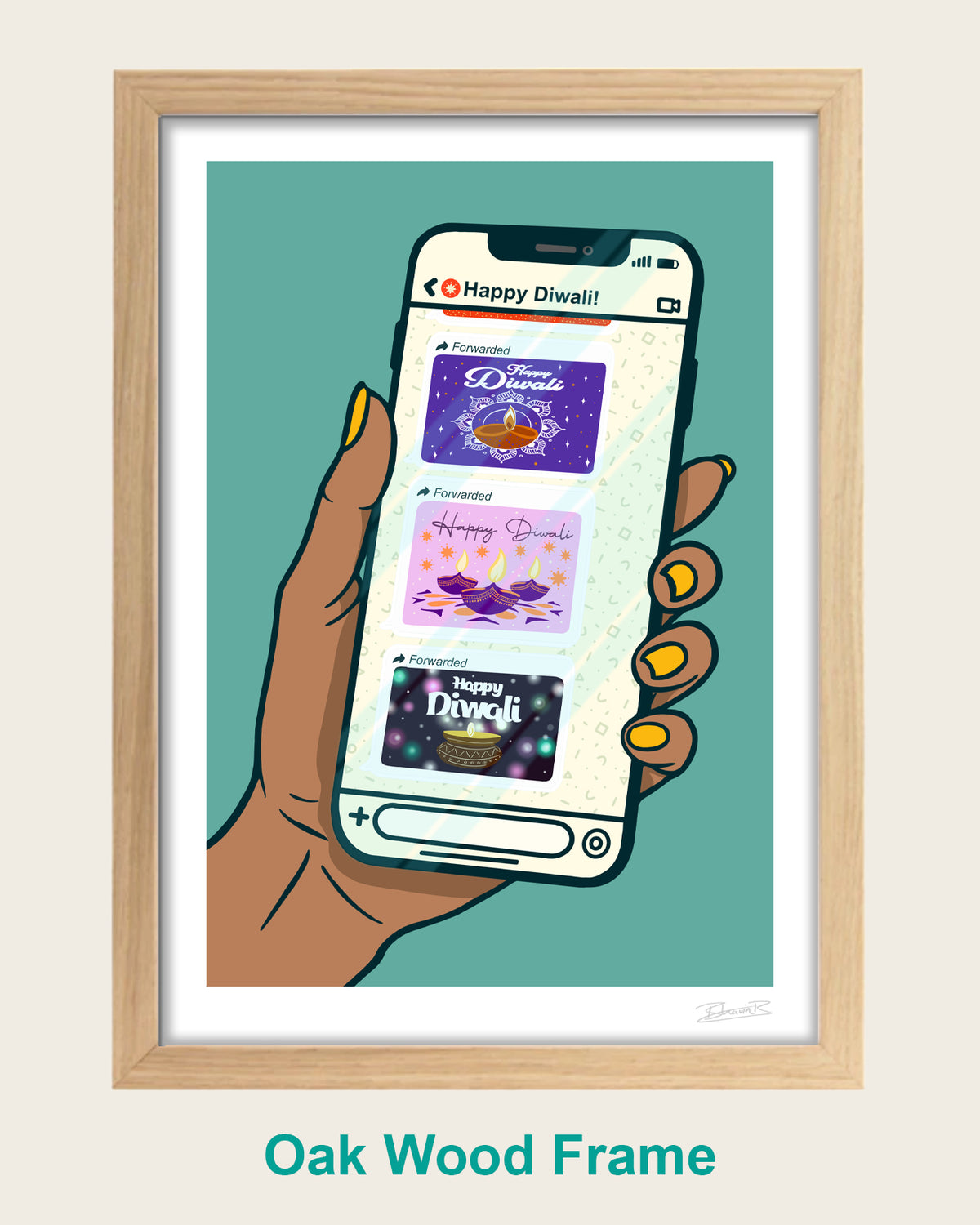 A framed art print featuring a stylized illustration of a hand holding a smartphone with Diwali-themed screens, set against a teal background. The print is housed in a light oak wood frame with a white mat, shown on a beige background with the text 'Oak Wood Frame' below.