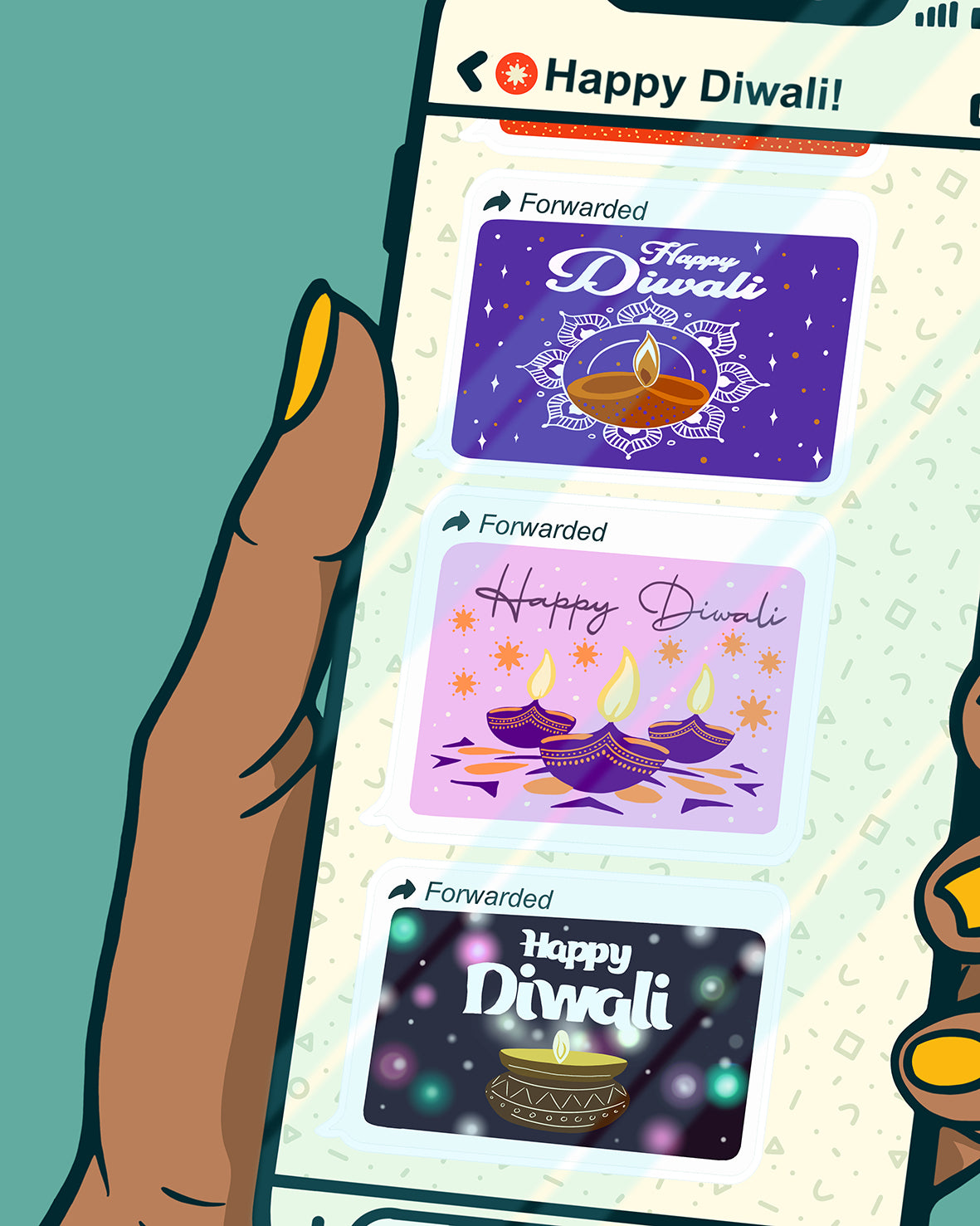 A hand with yellow nail polish holds a smartphone showing three stacked Diwali greeting card designs on a light patterned background. The cards feature purple, pink, and dark blue/black designs with illustrations of oil lamps and the text 'Happy Diwali'.