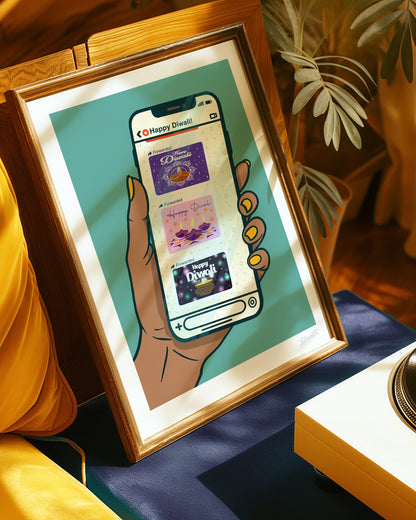 A framed art print leaning on a couch in a cozy room. The print features a stylized illustration of a hand holding a smartphone with a teal screen and colorful album-art thumbnails, including 'Happy Divinit'.